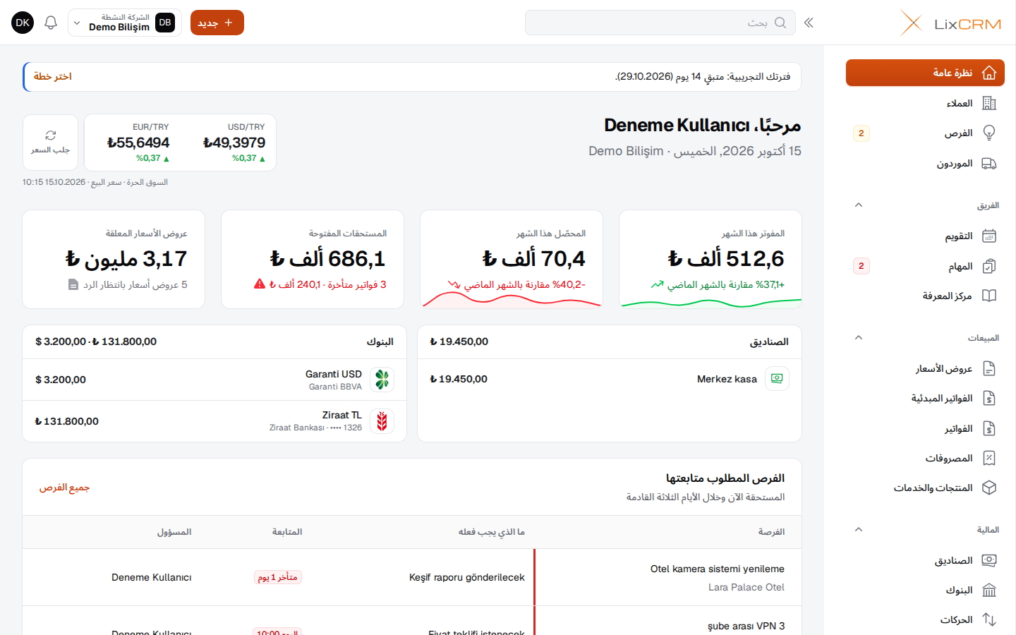 شاشة نظرة عامة في LixCRM: المفوتر والمحصّل والعروض المفتوحة والتجديدات القادمة
